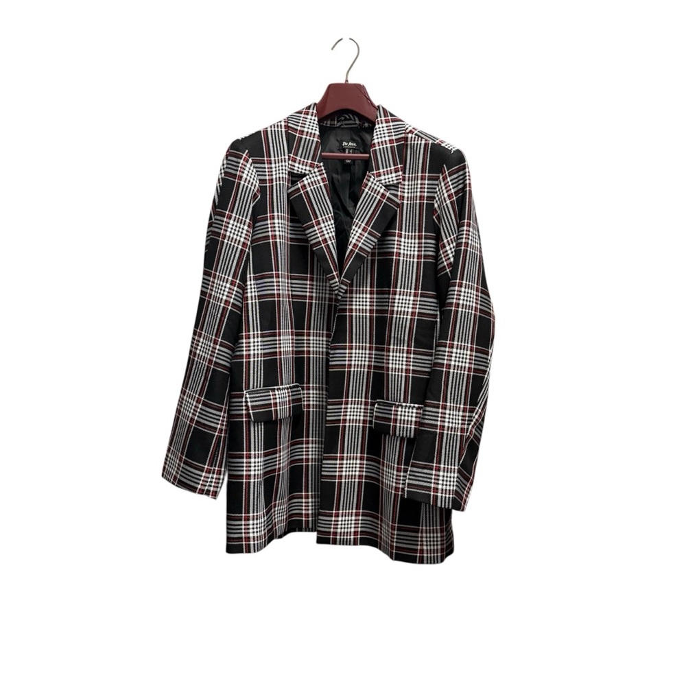 Women’s Plaid Boyfriend Blazer, Black/Wht/Red. NWOT, Sz Large